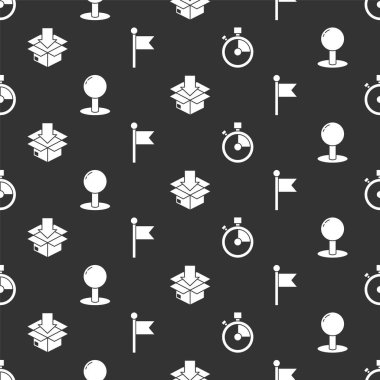 Hızlı teslimat, raptiye, trafik sembollü karton kutu ve kusursuz desenli konum işaretleyicisini ayarla. Vektör.