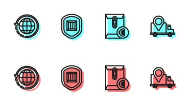 Zarfı avro sembolü, dünya çapında nakliye ve kutu, teslimat güvenlik kalkanı ve izleme ikonu ile belirleyin. Vektör.