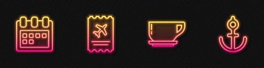 Set hattı kahve fincanı, takvim, uçak bileti ve Anchor. Parlayan neon ikonu. Vektör.