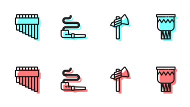 Tomahawk baltası, Pan flütü, Smoking piposu ve Drum ikonu. Vektör.