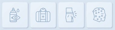 Göz damlası şişesi, karın şişmesi, ilk yardım kiti ve sedef ya da egzama kızarıklığı. Beyaz kare düğme. Vektör.