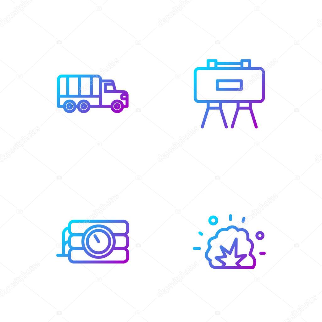 Set line Bomb explosion, Dynamite and timer clock, Military truck and mine. Gradient color icons. Vector.