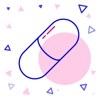 Beyaz arka planda izole edilmiş çizgi ilacı veya tablet ikonu. Kapsül hapı ve uyuşturucu işareti. Eczane tasarımı. Renkli taslak konsepti. Vektör İllüstrasyonu.