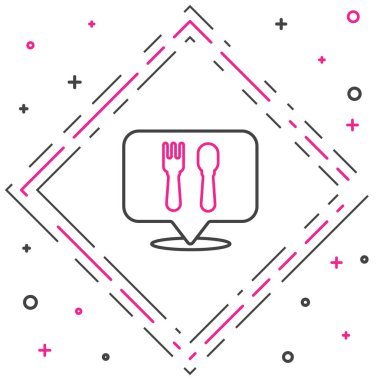 Line Cafe ve restoran konumu simgesi beyaz arka planda izole edildi. Noktanın içinde çatal ve kaşık yeme işareti var. Renkli taslak konsepti. Vektör İllüstrasyonu..