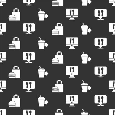 Çevrimiçi sipariş ve teslimat, kafe ve restoran yeri, çevrimiçi hamburger siparişi ve kahve fincanı siparişi. Vektör.