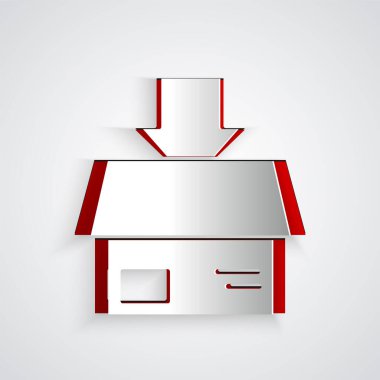 Kağıt kesiği karton kutu simgesi gri arkaplanda izole edilmiş. Kutu, paket, paket işareti. Teslimat ve ambalaj. Kağıt sanatı tarzı. Vektör İllüstrasyonu.