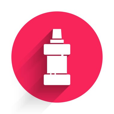 Çamaşır deterjanı, çamaşır suyu, bulaşık deterjanı ya da uzun gölgeli başka bir temizlik ikonu için beyaz plastik şişe. Kırmızı daire düğmesi. Vektör.