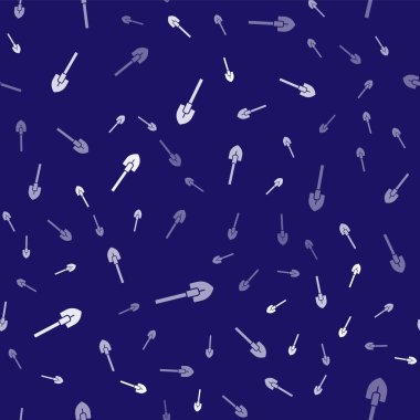 Beyaz Kürek simgesi mavi arka planda izole edilmiş kusursuz desen. Bahçe aletleri. Bahçecilik, tarım, çiftçilik aleti. Vektör.