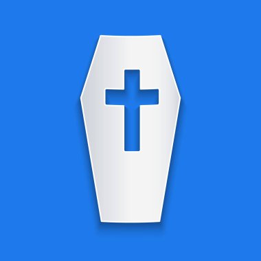 Kağıt kesiği Tabut ve mavi arka planda Hristiyan haç simgesi var. Mutlu Cadılar Bayramı Partisi. Kağıt sanatı tarzı. Vektör.