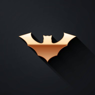 Siyah arka planda izole edilmiş altın uçan yarasa simgesi. Uzun gölge tarzı. Vektör.