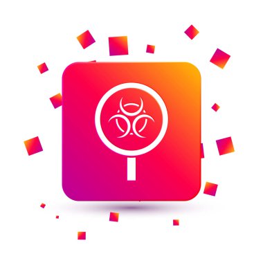 Beyaz Biyolojik Tehlike ve büyüteç ikonu beyaz arka planda izole edilmiş. Kare renk düğmesi. Vektör.