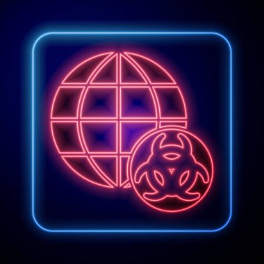 Parlayan neon renkli GDO simgesi mavi arkaplanda izole edildi. Genetik olarak değiştirilmiş organizma kısaltması. DNA gıda modifikasyonu. Vektör.