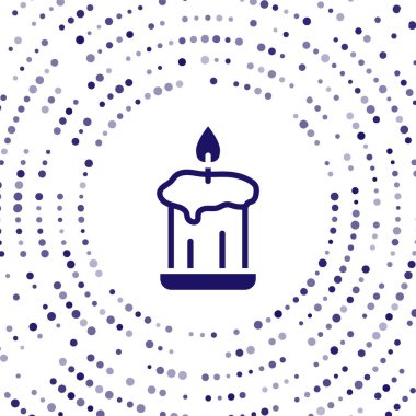 Beyaz arkaplanda izole edilmiş, şamdan simgesinde yanan mavi mum. Eski moda yanan mum. Silindirik mum çubuğu ve yanan ateş. Soyut çember rastgele noktalar. Vektör.