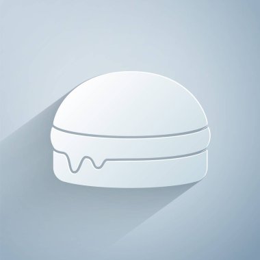 Kağıt kesiği Burger simgesi gri arkaplanda izole edilmiş. Hamburger ikonu. Çizburger sandviç tabelası. Fast food menüsü. Kağıt sanatı tarzı. Vektör.