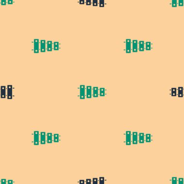 Yeşil ve siyah ksilofon - on üç tahta çubuklu müzik aleti ve iki perküsyon tokmağı ikonu bej arka planda izole edilmiş dikişsiz desen. Vektör.