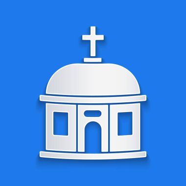 Kağıt kesiği Santorini bina simgesi mavi arka planda izole edilmiş. Mavi çatıları olan geleneksel Yunan beyaz evleri Avrupa kültürü. Kağıt sanatı tarzı. Vektör.