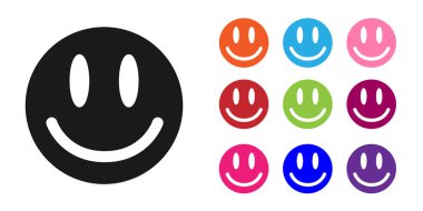 Siyah Gülen Yüz simgesi beyaz arkaplanda izole edilmiş. Gülümseyen ifade. Mutlu gülümseme sohbet sembolleri. Simgeleri renklendirin. Vektör.