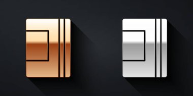 Siyah arkaplanda izole edilmiş altın ve gümüş Not Defteri simgesi. Spiral not defteri simgesi. Okul defteri. Yazı tahtası. Okul günlüğü. Uzun gölge tarzı. Vektör.