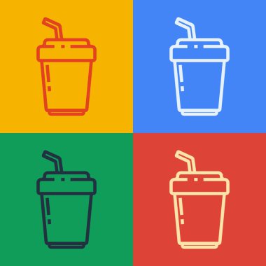 Pop Art Line Kahve fincanı renkli arka planda izole edilmiş bir ikon haline gelecek. Vektör İllüstrasyonu.