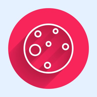 Mars Gezegeni 'nin beyaz çizgi simgesi uzun gölgelerle izole edilmiş. Kırmızı daire düğmesi. Vektör.