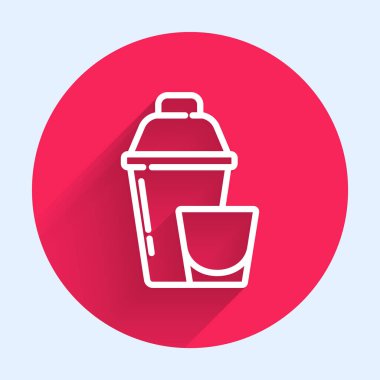 Beyaz çizgi kokteyl karıştırıcısı, uzun gölgeli cam ikon. Kırmızı daire düğmesi. Vektör.