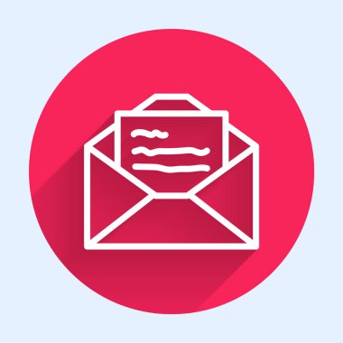 Beyaz çizgi tebrik kartı simgesi uzun gölgeyle izole edildi. Kutlama için davetiye ya da tebrik kartı şablonu. Kırmızı daire düğmesi. Vektör.