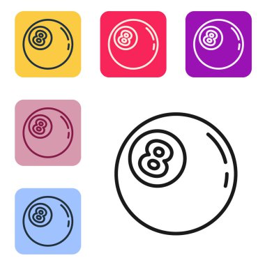 Siyah çizgi bilardo bilardo topu. Beyaz arka planda 8 numaralı ikon izole edilmiş. Renkli kare düğmelerle simgeleri ayarla. Vektör.