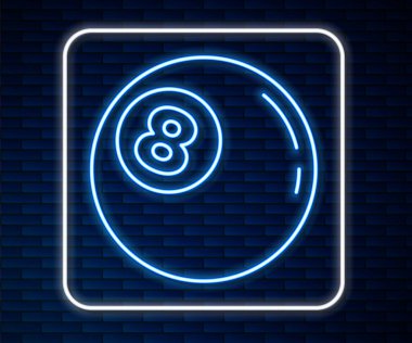 Parlak neon hattı bilardo topu 8 numaralı ikon tuğla duvar arkasında izole edilmiş. Vektör.