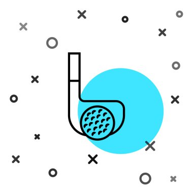 Siyah çizgi golf sopası ve beyaz arka planda top ikonu var. Rastgele dinamik şekiller. Vektör.