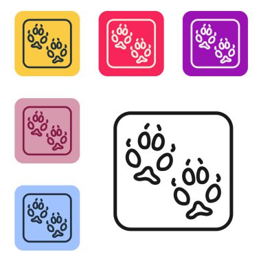 Siyah çizgi Fox patisi ayak izi simgesi beyaz arkaplanda izole edildi. Renkli kare düğmelerle simgeleri ayarla. Vektör.