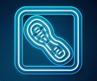 Parlayan neon çizgisi. Mavi arka planda izole edilmiş insan ayak izi ikonu. Ayakkabı tabanı. Vektör.