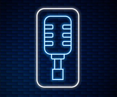 Parlayan neon hattı mikrofon simgesi tuğla duvar arka planında izole edildi. Radyodaki mikrofondan. Sözcü işareti. Vektör.