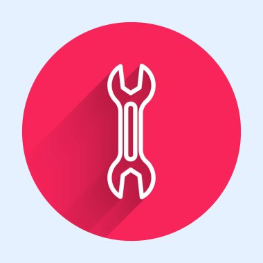 Beyaz çizgi anahtarlı simge uzun gölgeli izole edilmiş. Kırmızı daire düğmesi. Vektör.