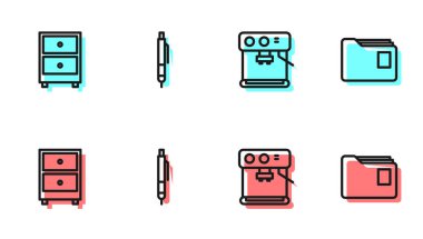 Satır kahve makinesi, dokümanlı çekmece, kalem ve belge klasörü simgesi. Vektör.