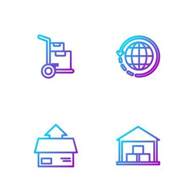 Depo, karton kutu, el arabası, kutular ve dünya çapında nakliye. Renk simgeleri. Vektör.