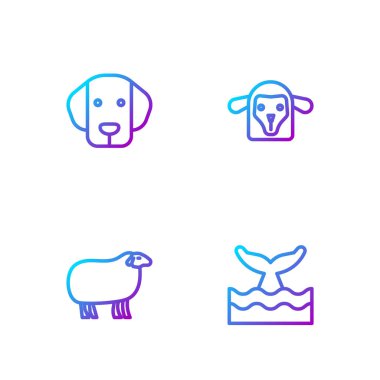 Balina kuyruğunu okyanus dalgasına, koyuna, köpeğe ve kafaya ayarlayın. Renk simgeleri. Vektör.