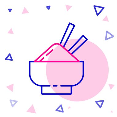 Çubuk ikonu beyaz arka planda izole edilmiş bir kasede çizgi pilavı. Geleneksel Asya yemekleri. Renkli taslak konsepti. Vektör İllüstrasyonu.