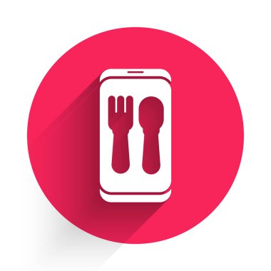 White Online sipariş ve fast food dağıtım ikonu uzun gölgeli. Burger tabelası. Kırmızı daire düğmesi. Vektör İllüstrasyonu.