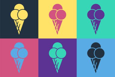 Renkli arka planda izole edilmiş waffle külahlı Pop Art Dondurma. Güzel sembol. Vektör İllüstrasyonu.