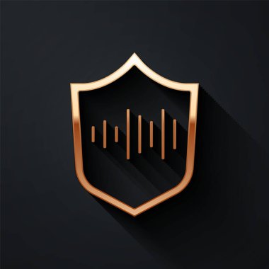 Altın Kalkan ses tanıma simgesi siyah arkaplanda izole edildi. Kimlik tanıma için ses biyometrik kimlik doğrulaması. Uzun gölge tarzı. Vektör.