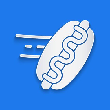 Kağıt kesiği online sipariş ve sosisli sandviç ikonu mavi arka planda izole edilmiş. Sosis ikonu. Fast food burcu. Kağıt sanatı tarzı. Vektör.