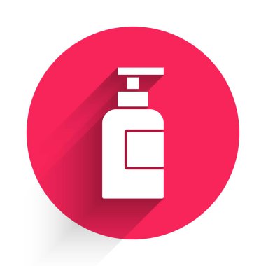 Uzun gölgeli beyaz şampuan ikonu. Kırmızı daire düğmesi. Vektör.