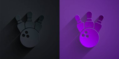 Kağıt kesiği, mor arka planda siyah üzerine izole edilmiş bovling pimi ve top ikonu. Spor malzemeleri. Kağıt sanatı tarzı. Vektör.