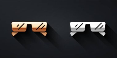 Altın ve gümüş gözlük simgesi siyah arkaplanda izole edilmiş. Gözlük çerçevesi sembolü. Uzun gölge tarzı. Vektör.