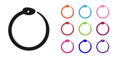 Beyaz arka planda izole edilmiş Ouroboros ikonunun Kara Büyü sembolü. Yılan kendi kuyruğunu ısırıyor. Hayvan ve sonsuzluk, mitoloji ve yılan. Simgeleri renklendirin. Vektör.