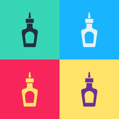 Beyaz arka planda izole edilmiş renkli sos şişesi ikonu. Ketçap, hardal ve fast food için soslu mayonez şişeleri. Sıvı şekilli soyut pankart. Vektör.