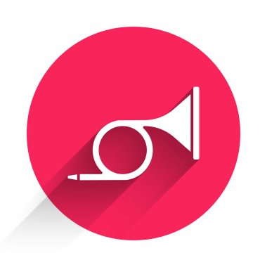 Uzun gölgeli beyaz müzik aleti trompet ikonu. Kırmızı daire düğmesi. Vektör.