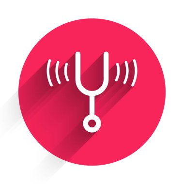 Müzik aletlerini akort etmek için beyaz müzikal diyapazon uzun gölgeli izole edilmiş. Kırmızı daire düğmesi. Vektör.