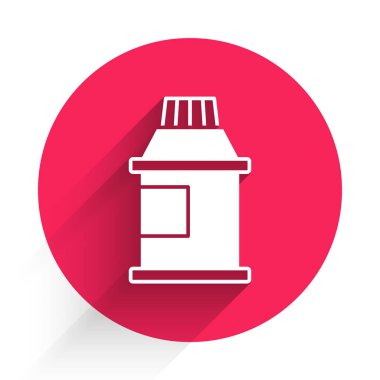 Beyaz boya, guaj, kavanoz, uzun gölgeli izole boya ikonu. Kırmızı daire düğmesi. Vektör.