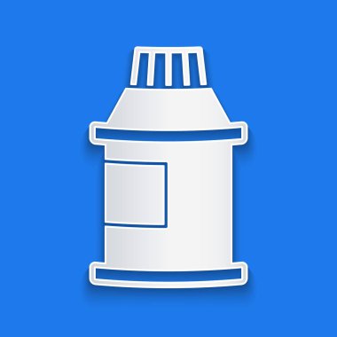 Kağıt kesiği, guaj, kavanoz, mavi arka planda izole edilmiş boya ikonu. Kağıt sanatı tarzı. Vektör.